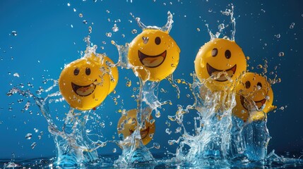 Smiling Emojis Splashing in Blue Water