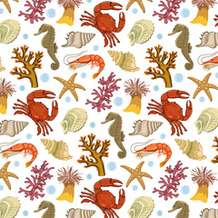 Underwater world in a pattern.Shells, corals, crabs and shrimps on a transparent background in a vector seamless pattern.