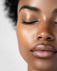Fototapeta premium A young African American woman with closed eyes, highlighting her smooth and glowing skin with natural freckles, in a close-up view, enhancing her serene and peaceful look
