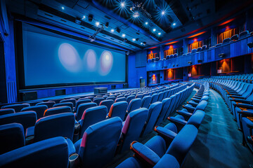 Fototapeta premium Empty Movie Theater with Blue Seats - Cinematic Experience and Film Screening Venue