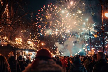 Naklejka premium A large crowd of people gathers at a Christmas market, looking up at fireworks lighting up the night sky, Festive atmosphere filled with energy and excitement