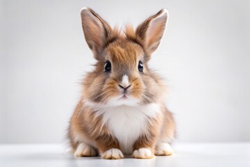 Obraz premium Adorable rabbit with fluffy white and brown fur sits alone on a transparent background, showcasing its innocence and cuteness with big round eyes.