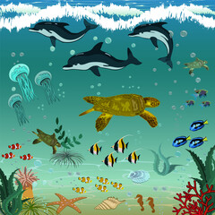 Naklejka premium Underwater fauna and flora.Colored vector illustration with fish, animals and plants underwater.