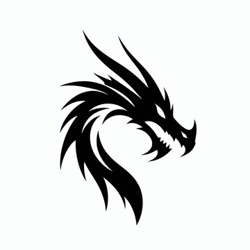 very simple and single dragon head silhouette white background, dragon head tribal tattoo design