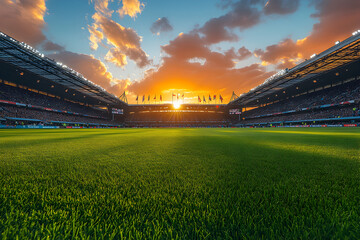 Fototapeta premium Sunset over a sports stadium with flags of England and the Netherlands