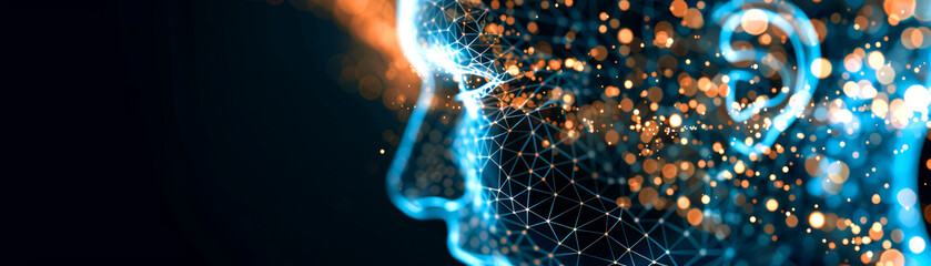 Naklejka premium Indigo wireframe digital glowing background, showcasing machine learning copy space, AI development, ethereal, silhouette, research lab