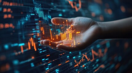 Hand Holding Digital Data Visualization with Financial Graphs and Charts in Futuristic Interface