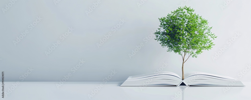 Poster an open book with pages forming a tree, representing the knowledge and growth associated with sustai