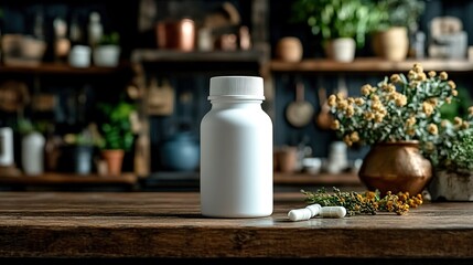 Fototapeta premium White Pill Bottle on a Wooden Table with Herbal Supplements