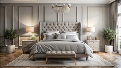 Serene transitional bedroom features a plush gray tufted headboard, white linens, and a mix of modern and vintage furnishings in a calming neutral color scheme.