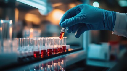  blue gloves replacing micro pipettes or vials containing blood samples in a science