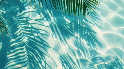 Shadow of Palm Leaves tree on a Blue water in pool, background.