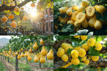 View of butternut squash a variety of yellow vegetables on a tree