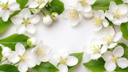 Fototapeta premium Delicate jasmine flower frame, perfect for adding a touch of nature to your design. White background enhances each petals charm.