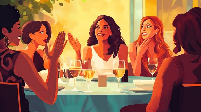 Friends are gathered around a table, enjoying a dinner party. One beautiful woman claps her hands together.