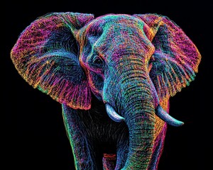 Obraz premium A vibrant, colorful illustration of an elephant, showcasing intricate lines and patterns on a dark background.