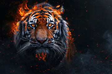 Fototapeta premium A tiger in fire on black background