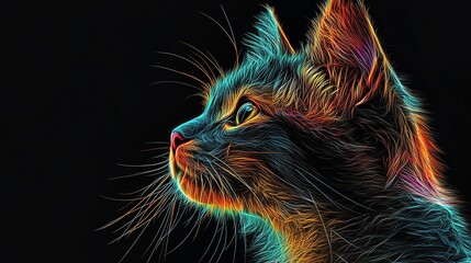 A vibrant, stylized portrait of a cat, showcasing its features through neon colors and intricate lines against a dark background.