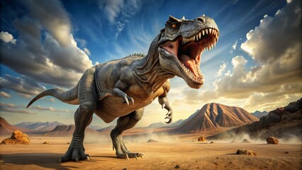 Fearsome prehistoric mutant dinosaur, a zombie-like T-Rex, lets out a deafening roar in a desolate desert landscape, threatened by extinction in a 3D digital recreation.