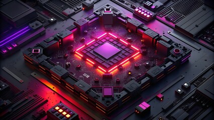 Obraz premium Top View of a Black Motherboard with Neon Glowing Lights
