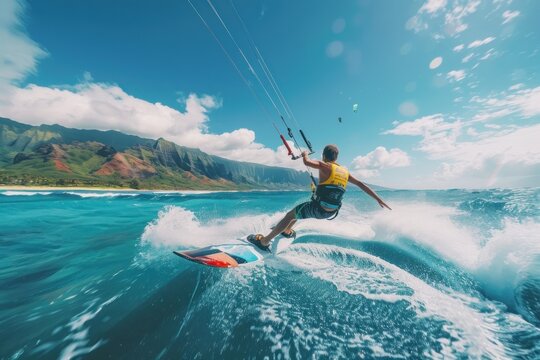 Kitesurfer riding ocean wave with mountain backdrop. Active man kitesurfing in turquoise sea, extreme watersport and summer vacation concept.