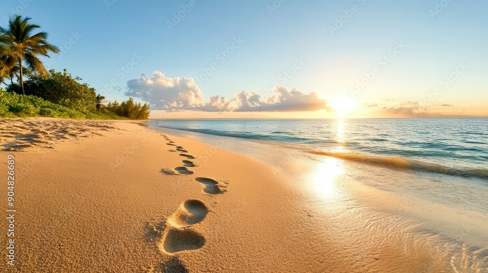 Poster Footprints in the Sand at Sunset.