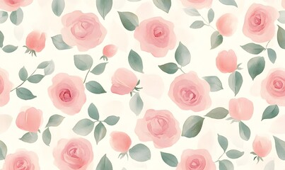 Seamless Pattern of simple small pink roses in Watercolor texture background, Generative AI