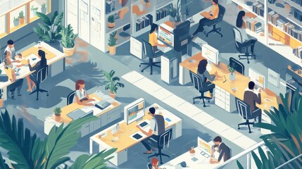 A detailed illustration of a busy office environment, with employees working at their desks, a meeting in progress, and the overall energy of a productive workplace 