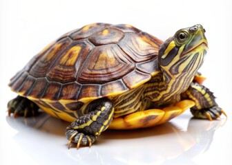 Obraz premium A solitary turtle with a shell of brown and yellow hues sits upright on a pure white background, highlighting its textured skin and gentle features.