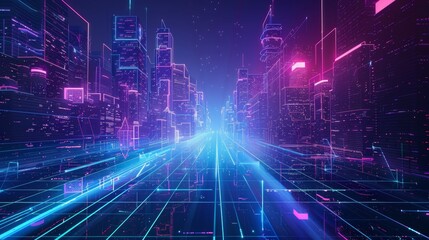 Cyberpunk Cityscape Neon Glow and Digital Grid, digital art, city, neon, futuristic