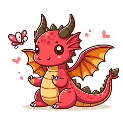 Fototapeta premium Cute cartoon dragon for Background or Mockup T Shirt. Fairy cute dragon. Baby fire dragon or dinosaur cute character isolated on white background. Fairytale Monster 