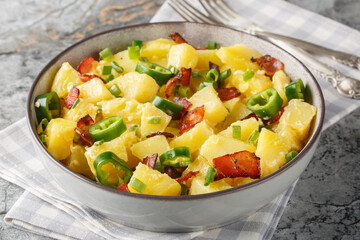 Spicy Potato Jalapeno Salad with Bacon, Green Onions and Mayo Close-up in Bowl on Table. Horizontal