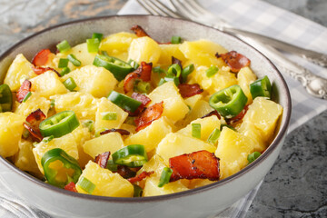 Creamy potato jalapeno salad with bacon, green onions and mayonnaise close-up in a bowl on the table. Horizontal