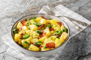 Jalapeno Popper boiled Potato Salad a creamy, tangy, and slightly spicy taste closeup on the bowl on the table. Horizontal