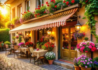 Fototapeta premium Warm sunlight casts a inviting glow on a quaint small town cafe's exterior, adorned with vibrant flowers and a charming awning, conveying a sense ofcommunity.