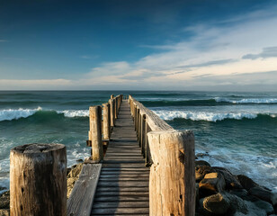 Fototapeta premium Wooden walkway leading to the beach with waves crashing on the shore