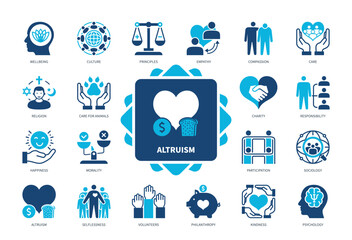 Altruism icon set. Compassion, Participation, Selflessness, Care, Culture, Psychology, Kindness, Religion. Duotone color solid icons