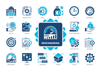 Benchmarking icon set. Quality, Cost, Time, Metrics, Practice, Project Management, Performance, Procedures. Duotone color solid icons