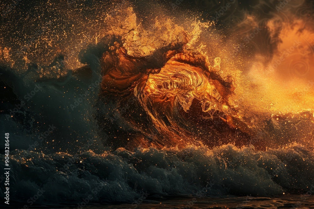 Poster a large wave crashes aggressively into the ocean against a darkened backdrop, fiery waves crashing a