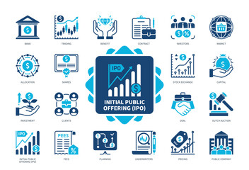 Initial Public Offering IPO icon set. Contract, Trading, Benefit, Stock Exchange, Dutch Auction, Shares, Underwrites, Pricing. Duotone color solid icons