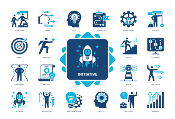 Initiative icon set. Motivation, Confidence, Courage, Project, Target, Skills, Implementation, Success. Duotone color solid icons
