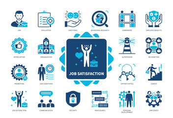 Job Satisfaction icon set. Appreciation, Opportunities, Personal Development, Job, Evaluation, Promotion, Security, Employees. Duotone color solid icons