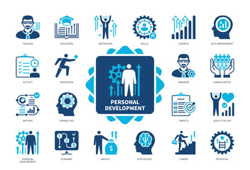 Personal Development icon set. Self Improvement, Activity, Capabilities, Aspiration, Targets, Psychology, Teacher, Education. Duotone color solid icons © Genestro