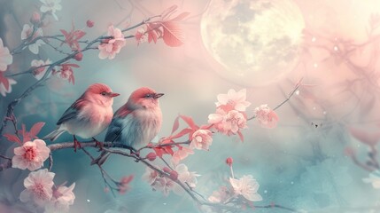 Two Birds Perched on a Branch with Soft Pink Blossoms and a Blurred Moon Background.
