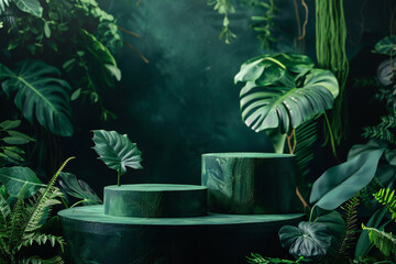 Lush vegetation jungle background with green pedestal and tropical leaves in botanical scene