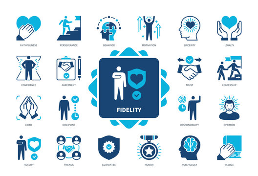 Fidelity icon set. Faithfulness, Sincerity, Confidence, Agreement, Optimism, Honor, Loyalty, Responsibility. Duotone color solid icons
