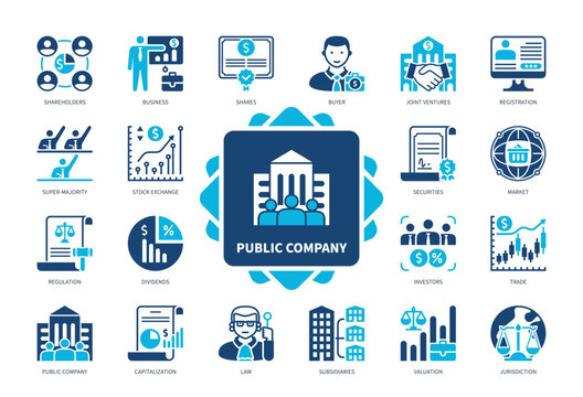 Public Company icon set. Shareholder, Super Majority, Subsidiaries, Joint Ventures, Valuation, Capitalization, Buyer, Securities. Duotone color solid icons