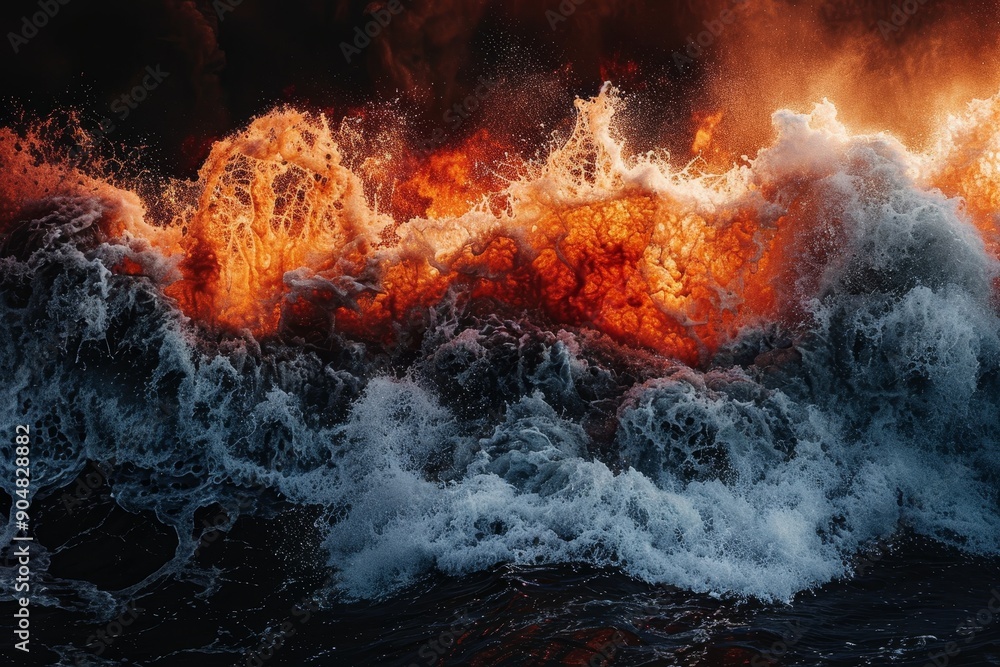 Poster a large wave crashes forcefully into the ocean, creating a dramatic scene against a darkened backdro