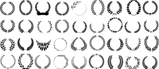Laurel wreath, award, achievement icon set. Elegant black vector wreath designs for celebration, certificates, or quality badges