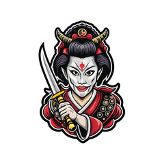 A fierce Japanese geisha with a white face mask and red lipstick, holding a silver dagger with a gold hilt, wearing a traditional red and white kimono, and black hair with two horns.